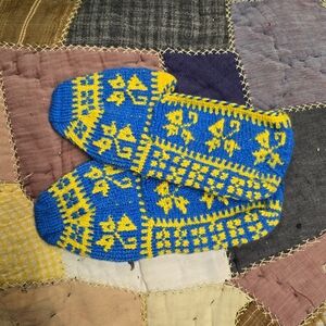 Blue and Yellow Handmade Handknit Turkish Slipper Socks